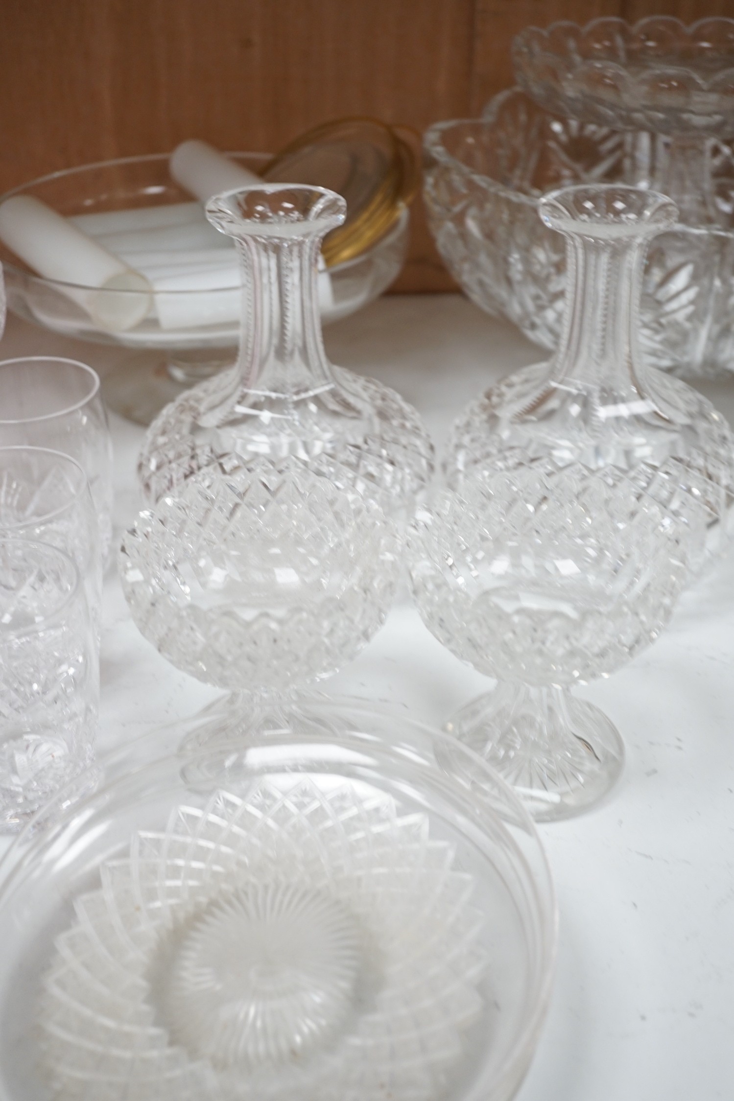 A set of cranberry flashed cut glass wine glasses, four others and collection of mixed cut glass